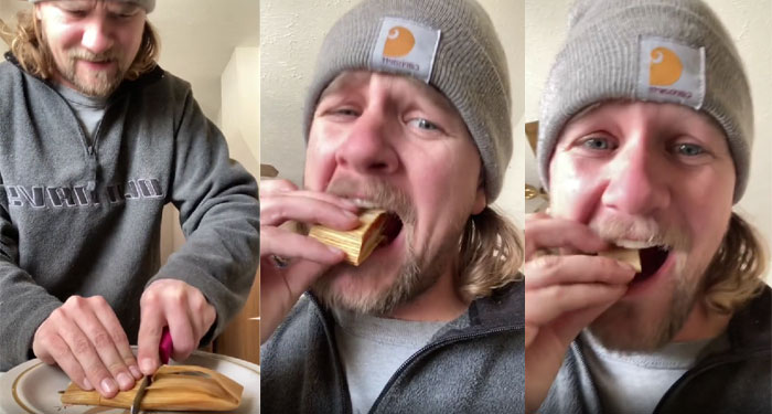 Estadounidense probó un tamal por primera vez y se lo comió con la hoja (Vídeo)
