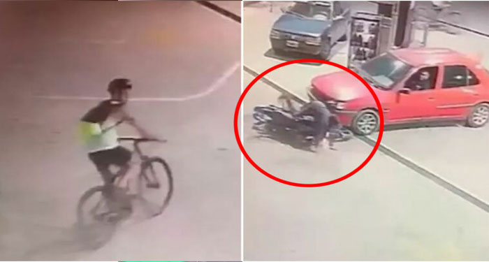 Momento en que conductor atropelló a un delincuente que intentaba asaltar a un ciclista (Video)