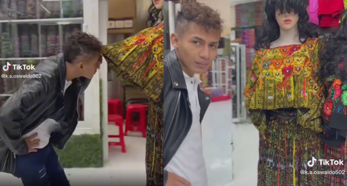 Momento en que Rancherito Calibre 58 le levanta la blusa a una maniquí en la calle (Video)