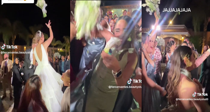 Momento en que dos mujeres se pelean por el ramo en plena boda (Video)