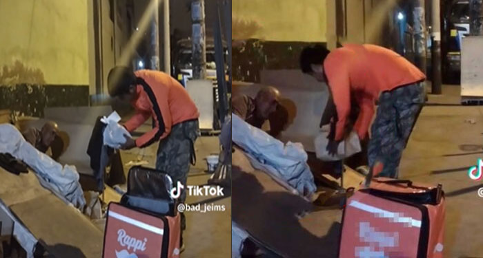 Cliente rechaza pedido de comida y repartidor se lo regala a abuelito de la calle (Video)