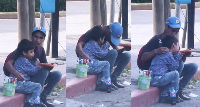 Padre hace una oración junto a su hijo antes comerse un “CHICHARRÓN” En la calle (Vídeo)
