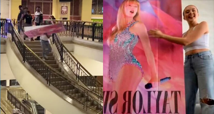 Joven se vuelve viral por robar cartel de Taylor Swift para sorprender a su novia (Vídeo)