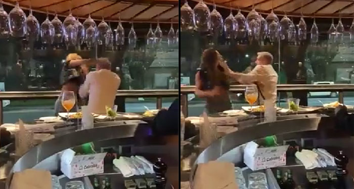 Le contaron que su ex estaba con otra y fue a golpearlo al restaurante (Vídeo)